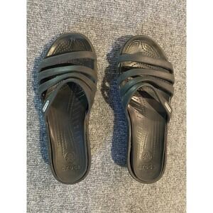 Crocs Rhonda Wedge Sandals Slip-On Strappy Slides Open Toe Black Women's Size 6